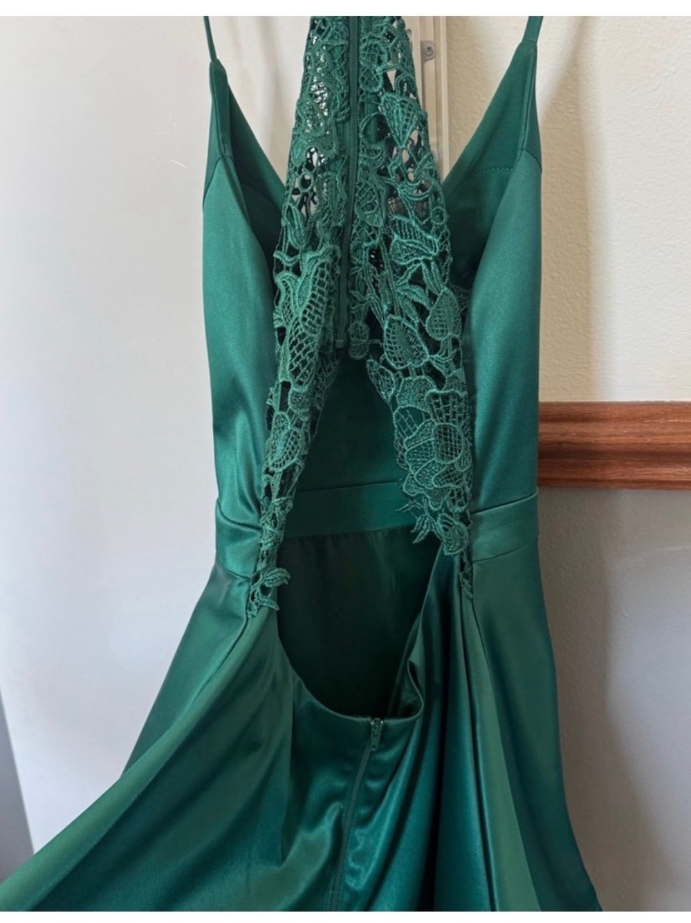 Camille La Vie Emerald Green Strapless Satin Dress with Lace Back - Picture 3 of 6